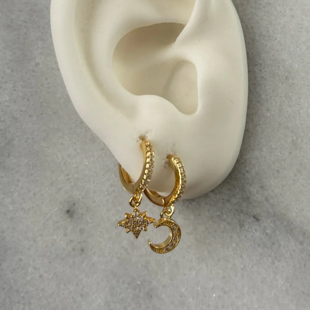 Gold Crystal Pave Star Moon Dangle Huggie Hoop Earrings 

Brand New - Picture 3 of 5